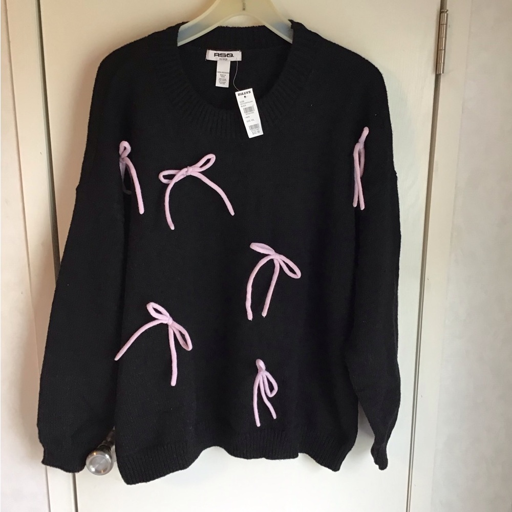 RSQ Black Sweater Coquette Pink Knit Ribbon Bow Accent Detail XXL NWT